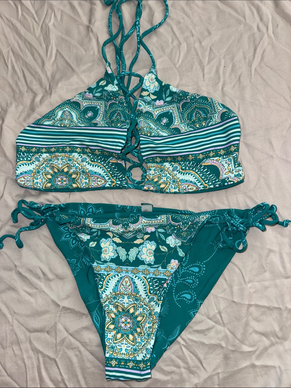 Teal Paisley Lace-Up reversible Women’s Bikini Set
